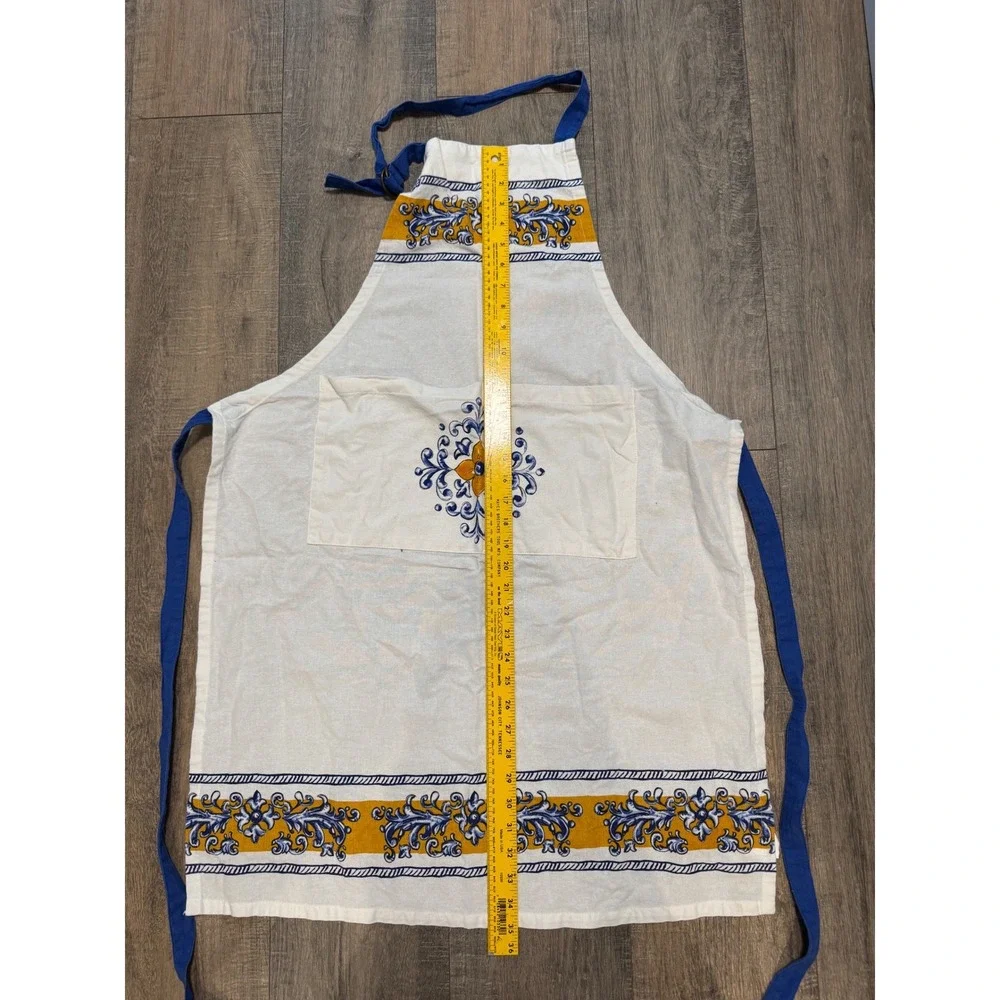 Sur La Table Mediterranean Tile Print Cotton Bib Apron Blue Yellow White
